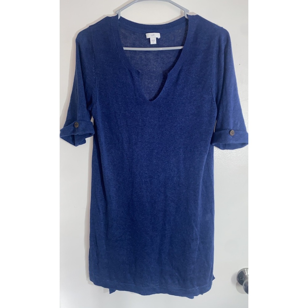 J Jill Dress Blue Linen Blend Midi Length Side Slit Short Sleeve XS